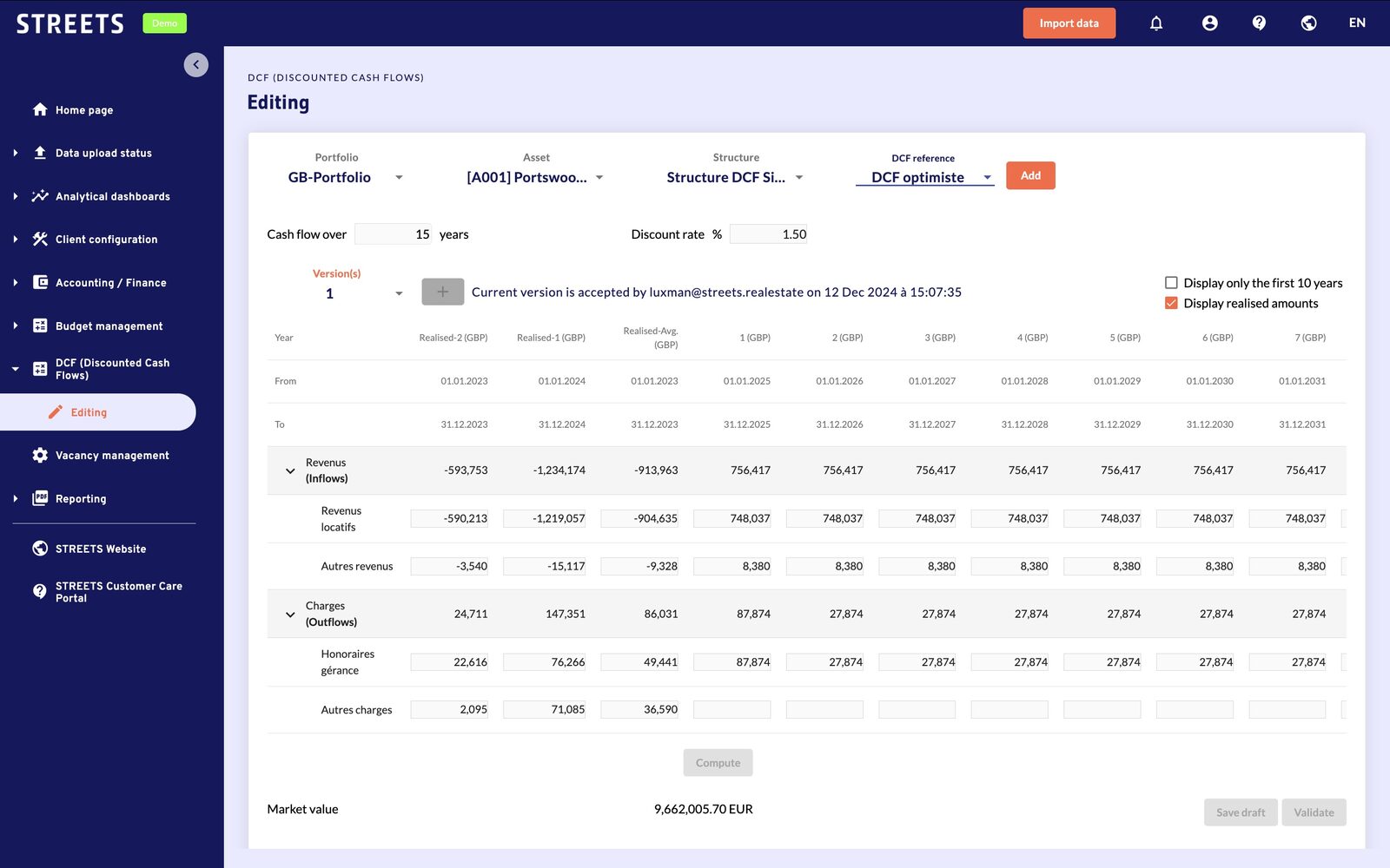 STREETS DCF analysis with 15-year cash flow projection and discount rate modelling