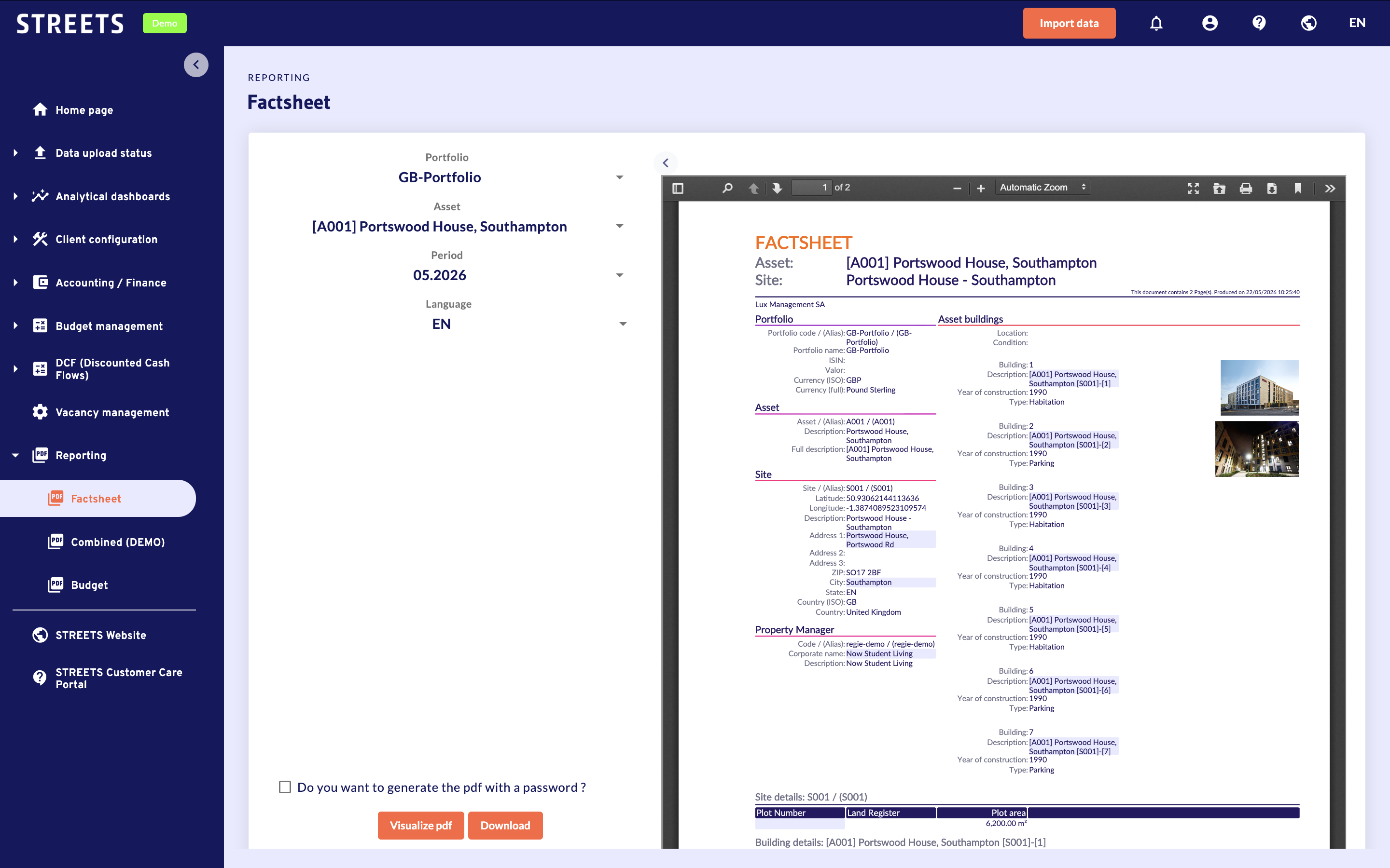 STREETS Reporting module with factsheet generation in English, French and German